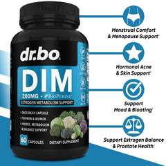 DR. BO DIM 200 mg, botella visible, complemento para equilibrio hormonal diario.