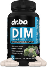 DR. BO DIM 200 mg, caja mostrada, apoyo hormonal natural para mujeres y hombres.