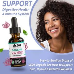 DR. BO Irish Sea Moss Drops dropper highlights precise measurement for adults and kids