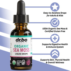 DR. BO Irish Sea Moss Drops pour demonstrating easy dosing for daily use