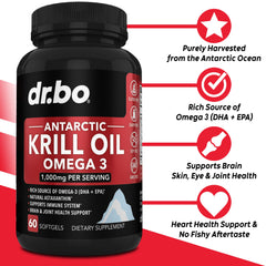DR. BO Krill Oil Softgels close-up highlights small easy-to-swallow capsules.