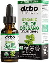 DR. BO Oregano Oil Drops bottle on wood highlighting immune support and gut balance