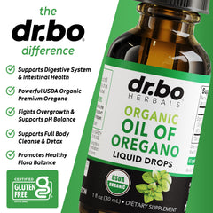 DR. BO Oregano Oil Drops label with USDA Organic and carvacrol-rich content for gut balance