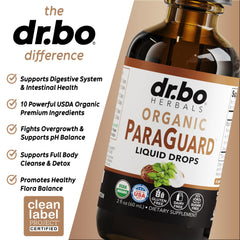 DR. BO ParaGuard dropper drops demonstrate simple at-home gut care routine.