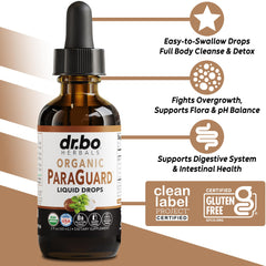 DR. BO ParaGuard bottle side view emphasizing easy dropper dosing for convenient use.