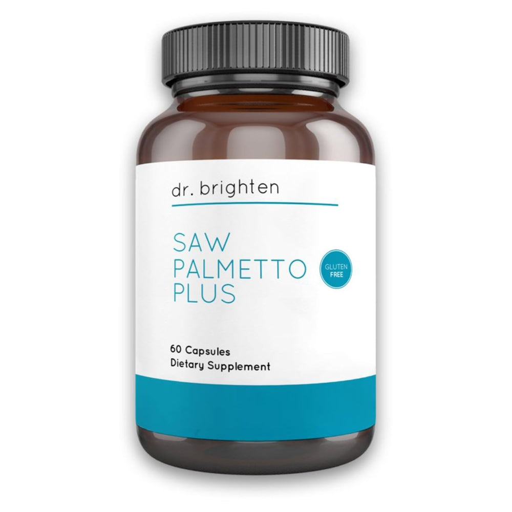 Dr. Brighten Saw Palmetto Plus bottle with capsules supports hair health.