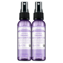Dr. Bronner's lavender hand sanitizer spray bottle for travel and on-the-go cleansing.