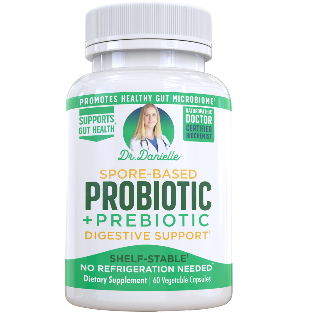 Dr. Danielle Probiotic bottle front promoting shelf-stable, no refrigeration needed.