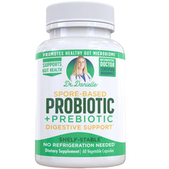 Dr. Danielle Probiotic bottle front promoting shelf-stable, no refrigeration needed.