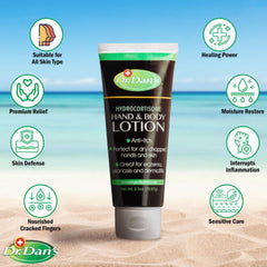 Texture close-up of Dr. Dan's Hydrocortisone lotion soothing dry, irritated skin.