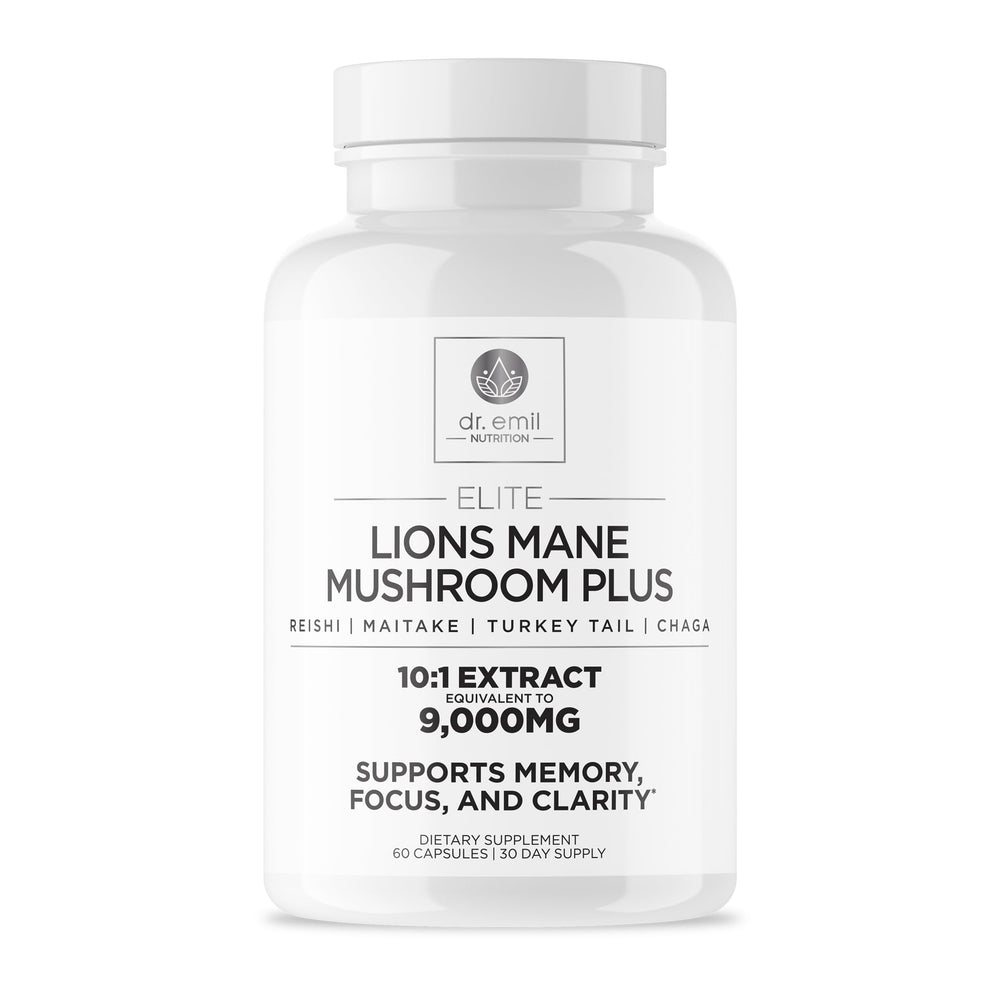DR. EMIL NUTRITION Lions Mane bottle showing premium organic extract for cognitive support