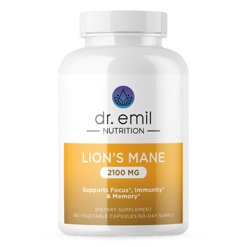 DR. EMIL NUTRITION Lions Mane bottle front highlighting daily cognitive support