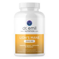 DR. EMIL NUTRITION Lions Mane bottle front highlighting daily cognitive support