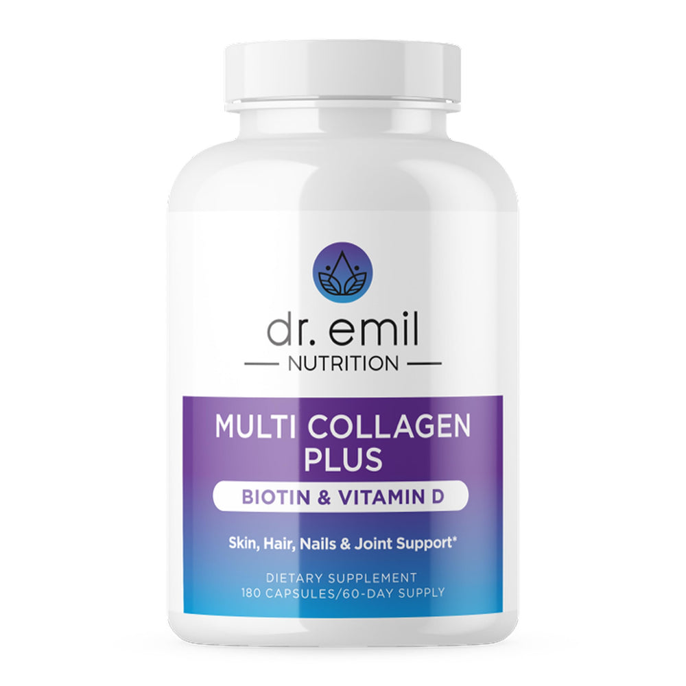 DR. EMIL NUTRITION Multi Collagen Plus bottle front supports hair, skin, nails.