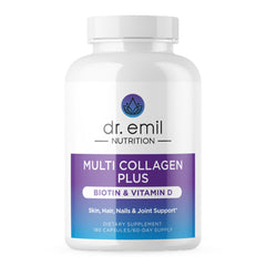 DR. EMIL NUTRITION Multi Collagen Plus bottle front supports hair, skin, nails.