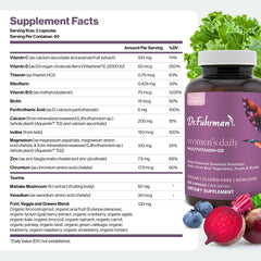Ingredients panel of Dr. Fuhrman women's multivitamin featuring 17 fruits and vegetables