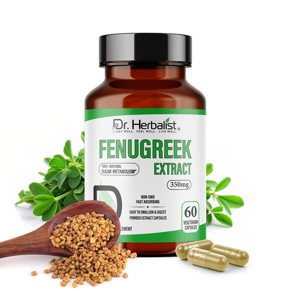 Dr Herbalist Fenugreek 350mg bottle with capsules for daily wellness.