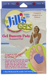 Dr. Jill's Gel Dancer Pads on right foot cushion big toe joint for comfort.