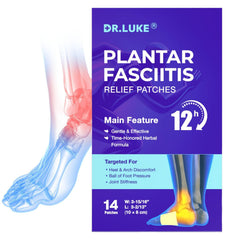 Dr. Luke plantar fasciitis patches in a 14-pack displayed for daily foot support.