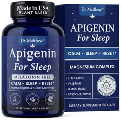 Dr. Matthew Apigenin Sleep bottle promotes natural nighttime calm.