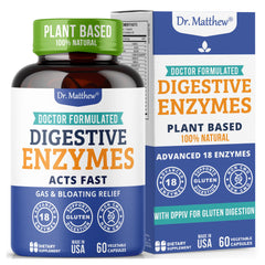 Dr. Matthew digestive enzymes bottle pour supports gentle digestion and gas relief.