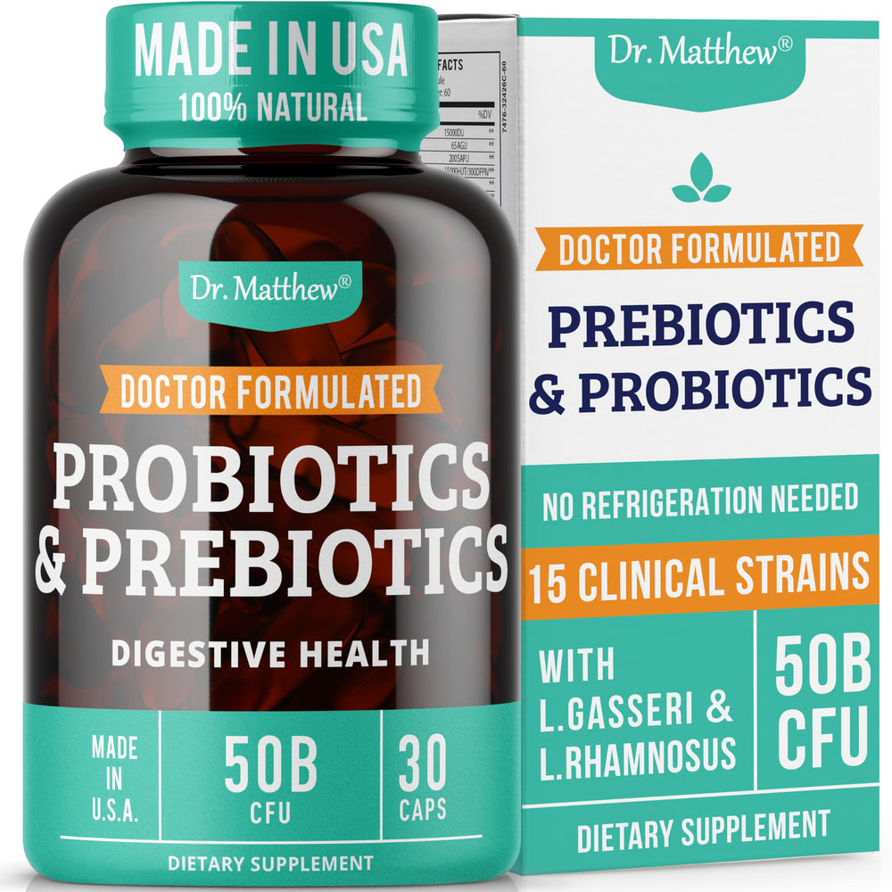 Dr. Matthew probiotic prebiotic bottle showing capsule blend for digestive balance.