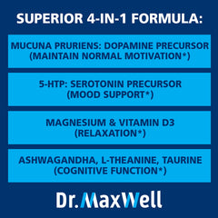 Close-up capsules from Dr. Maxwell signaling high-quality mood support ingredients.