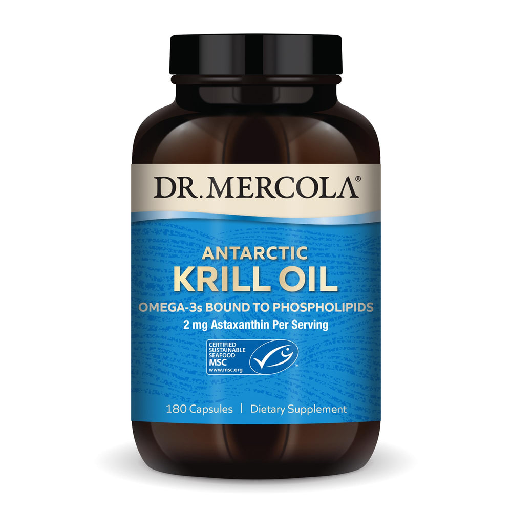 Dr. Mercola Antarctic Krill Oil bottle showing 1000 mg serving for omega-3 support