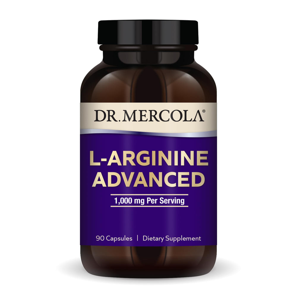 Dr. Mercola L-Arginine Advanced bottle front showing label and packaging for energy support