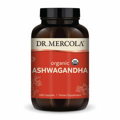 Dr. Mercola Organic Ashwagandha bottle front displaying 800 mg potency per serving