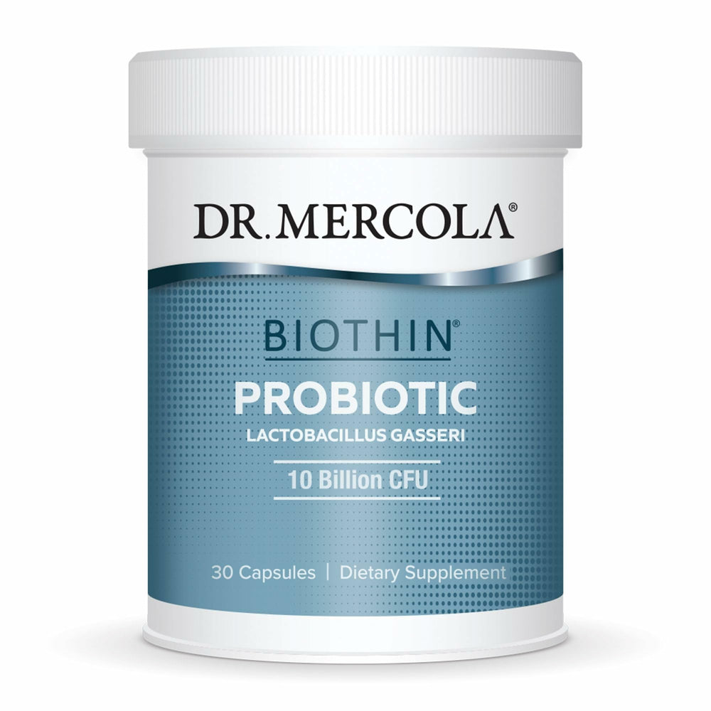 Dr. Mercola Biothin Probiotic bottle front promotes daily digestive support.