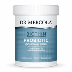 Dr. Mercola Biothin Probiotic bottle front promotes daily digestive support.