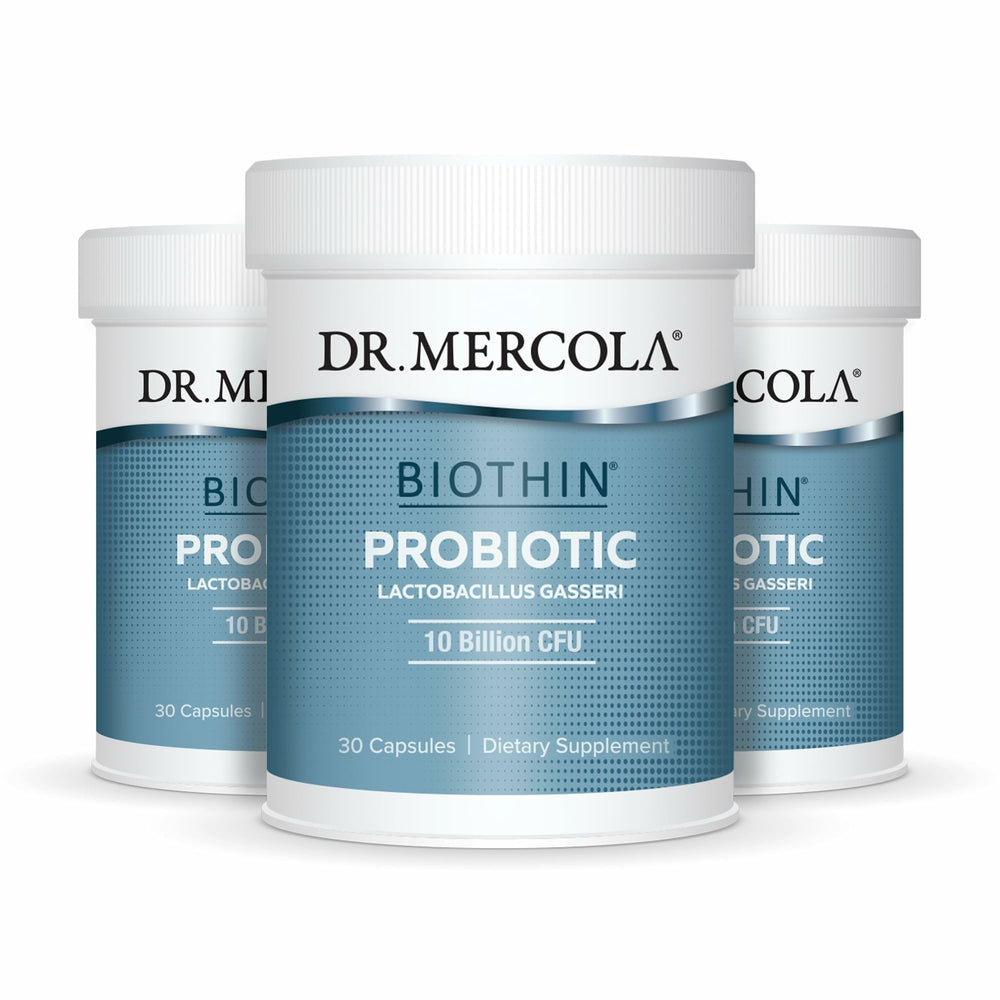 Dr. Mercola Biothin Probiotic bottle label highlights 10B CFU for digestive support.