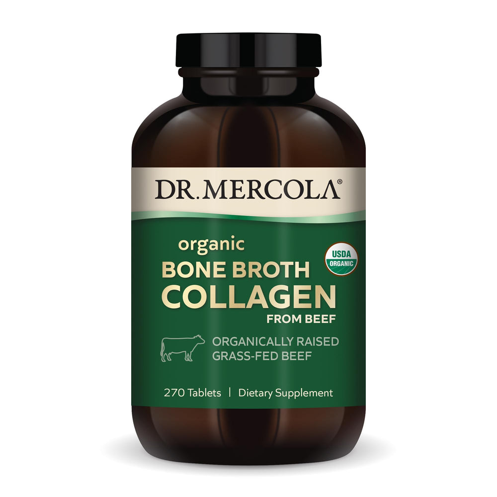 Dr. Mercola Organic Bone Broth Collagen tablets in bottle for daily joint support.