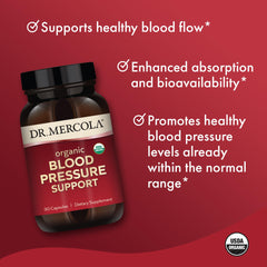 Dr. Mercola Blood Pressure Support label close-up with ingredient details.