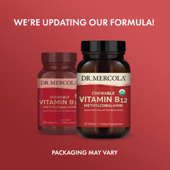 Dr. Mercola cherry-flavored B12 chewable tablet on spoon for convenient daily intake