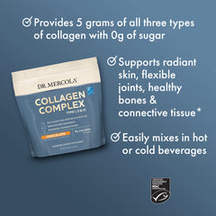Close-up of Dr. Mercola Collagen Complex bottle highlighting marine collagen from wild cod.