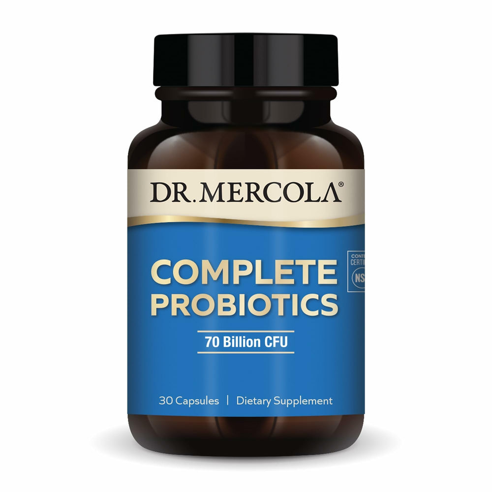 Dr. Mercola Complete Probiotics bottle displaying 70 Billion CFU for everyday digestive support.