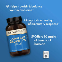 Dr. Mercola Complete Probiotics packaging shows GMO-free, gluten-free, soy-free claims
