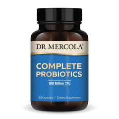 Dr. Mercola Complete Probiotics bottle shown with 100 Billion CFU support for daily balance