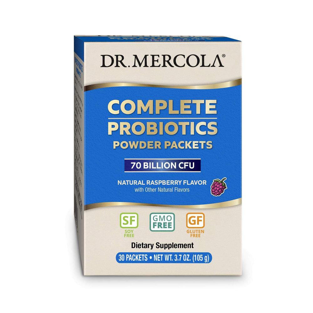 Dr. Mercola Complete Probiotics Packets raspberry powder dissolves quickly for on-the-go digestive support.