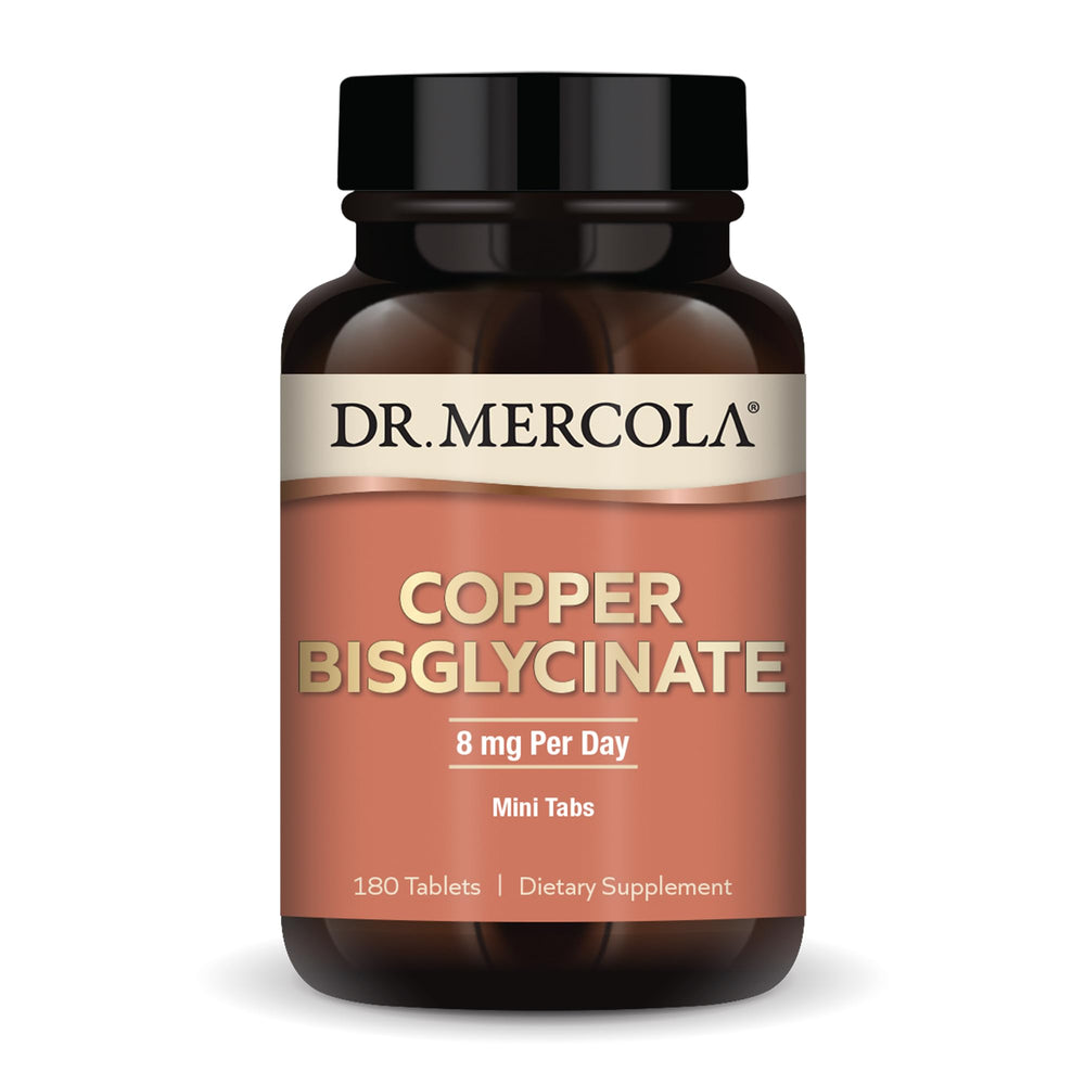 Dr. Mercola Copper Bisglycinate bottle with mini-tabs for easy daily use.