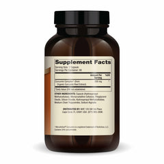 Dr. Mercola Curcumin Advanced capsules closeup shows triple curcuminoids for potency.