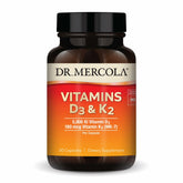 Dr. Mercola D3 & K2 bottle front highlights high-potency daily supplement.