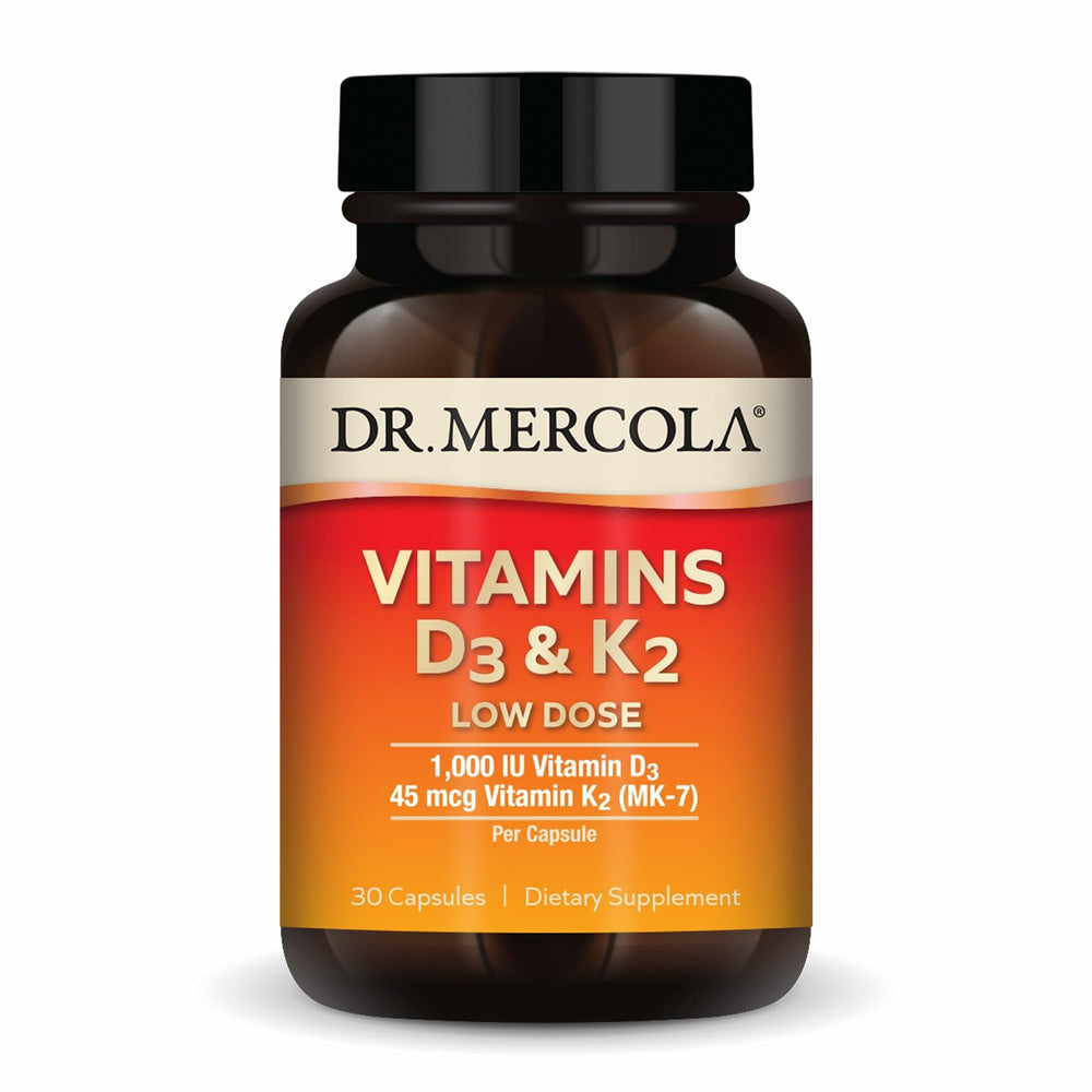 Dr. Mercola D3 K2 Low-Dose bottle with capsules for daily bone and immune support.