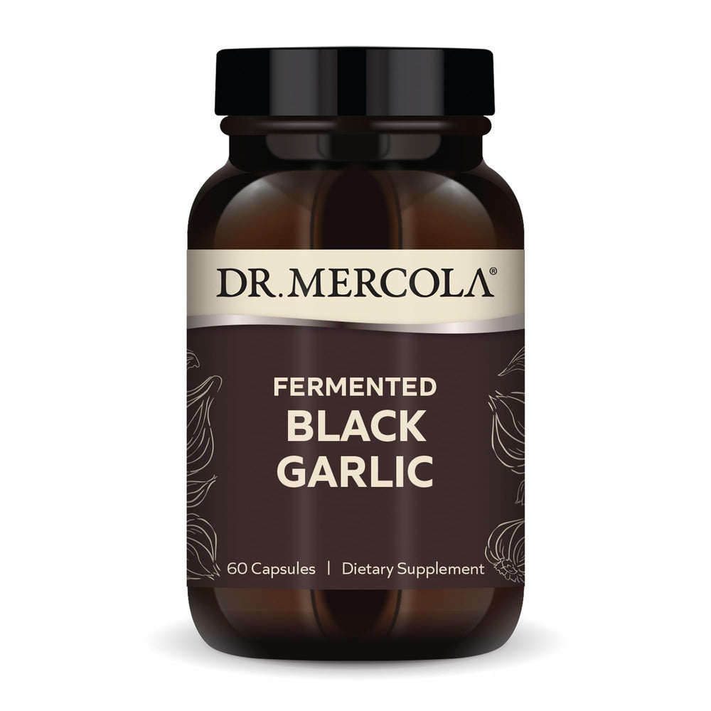 Dr. Mercola Fermented Black Garlic bottle front shows the product name and capsule form