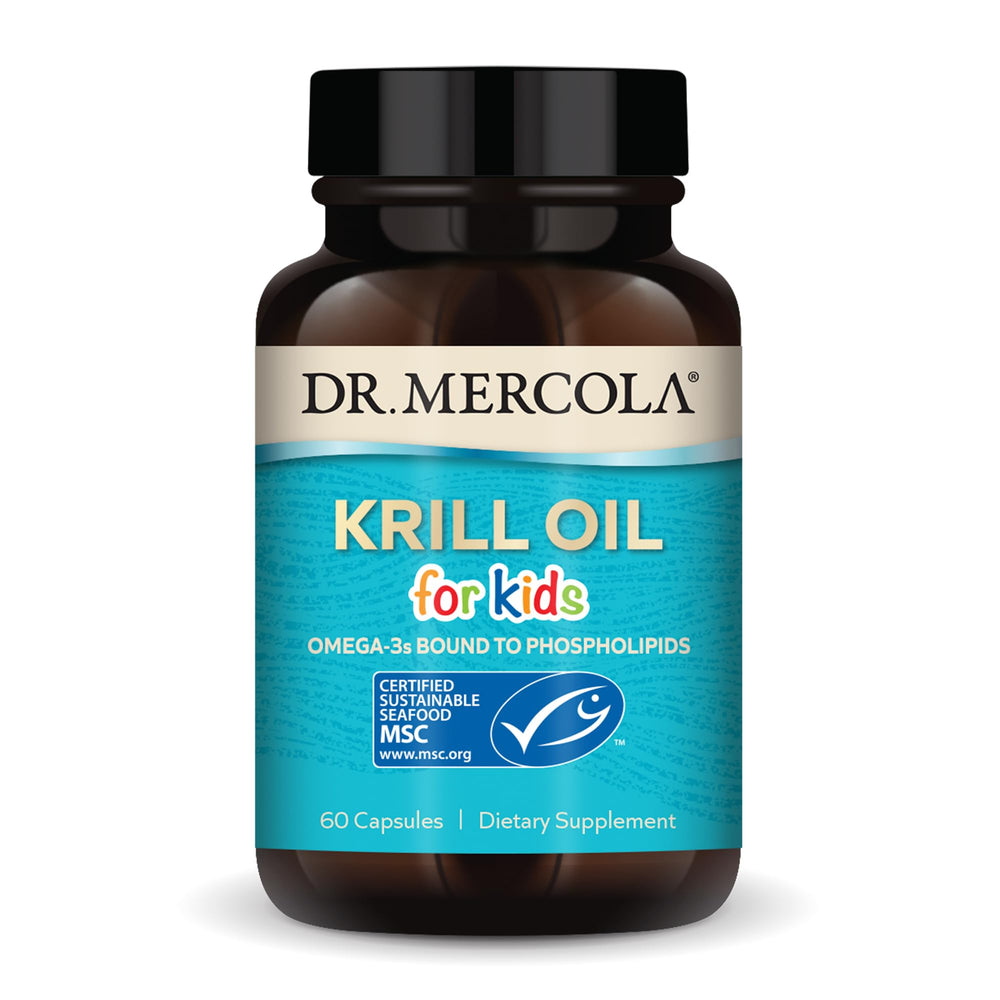 Dr. Mercola Krill Oil for Kids bottle showing 60 capsules for balanced omega-3 intake