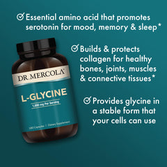 Dr. Mercola L-Glycine bottle on nightstand suggests calming evening routine