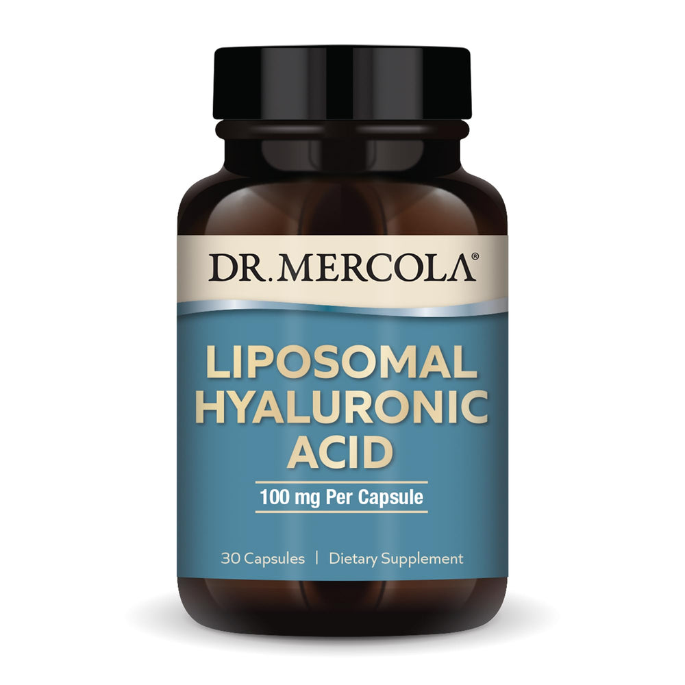 Dr. Mercola Liposomal Hyaluronic Acid bottle promoting joint hydration and comfortable movement
