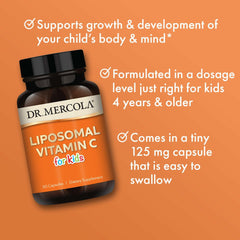 Package side of Dr. Mercola Liposomal Vitamin C for Kids highlights allergen-free information.